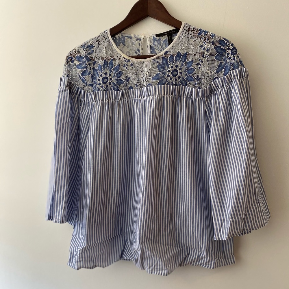 BCBG Max Azria Lace Embroidered Striped Top XXS